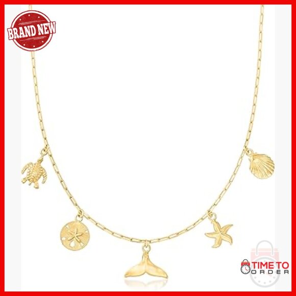 18kt Gold Plated Sterling Silver Sea Life Charm Paper Clip Link Necklace
